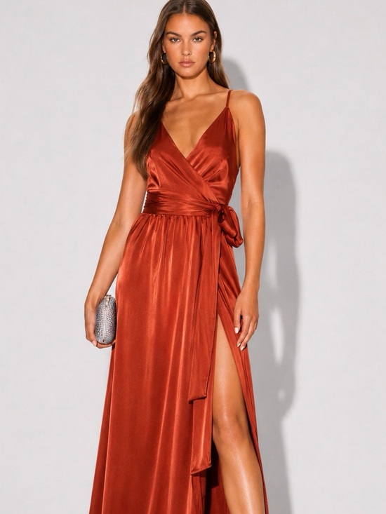 REVOLVE Dresses & Skirts - Revolve SHOWPO Around Me Copper Satin Wrap Maxi Dress Size 4 NWT